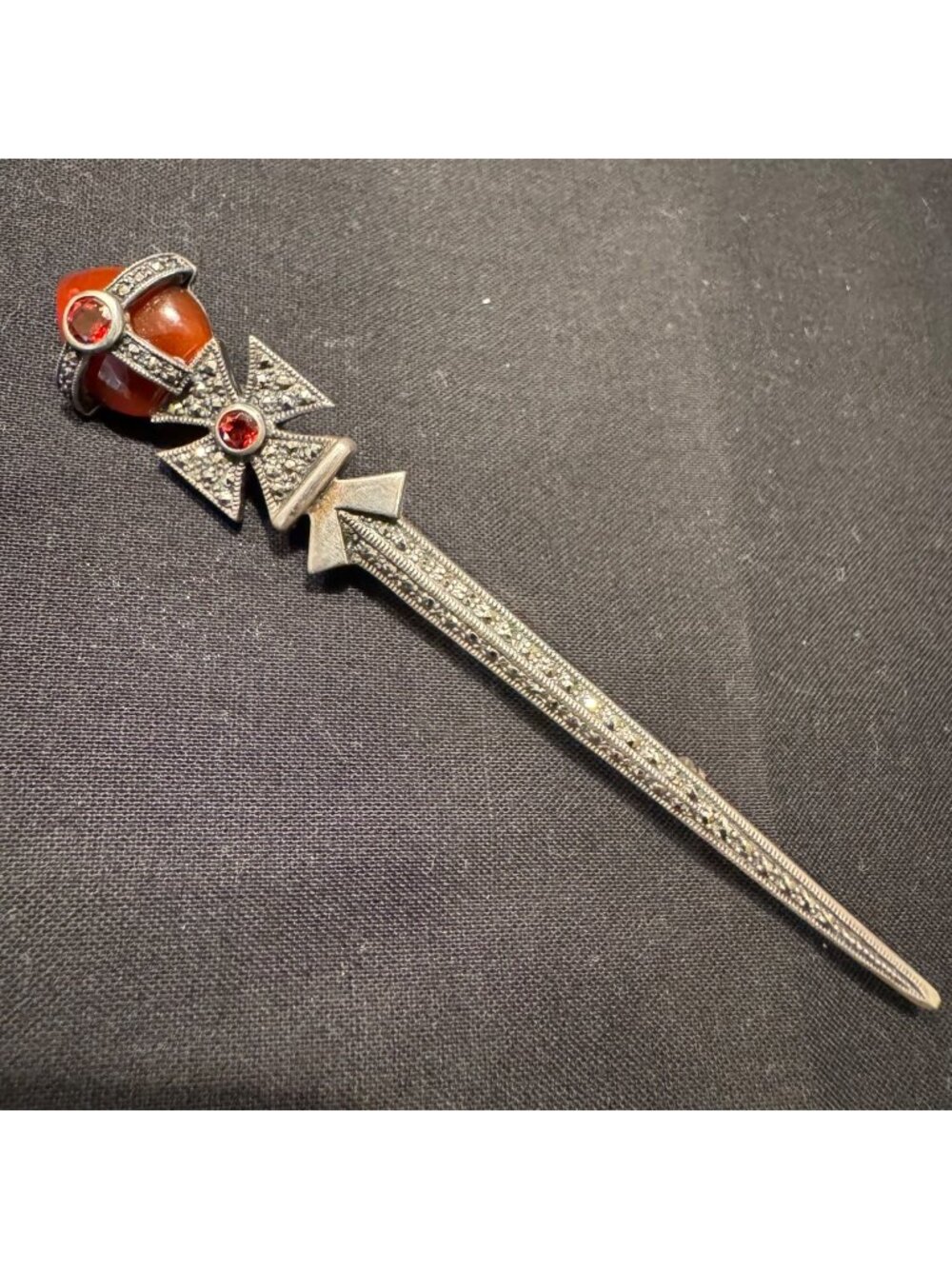 Sterling Silver 925 Marcasite Red Gemstone Statement Brooch Size 4" Length